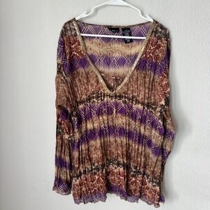 Mixit Woman Purple Boho Pleated Sequin Trim V-Neck Blouse Top 2X Plus Size